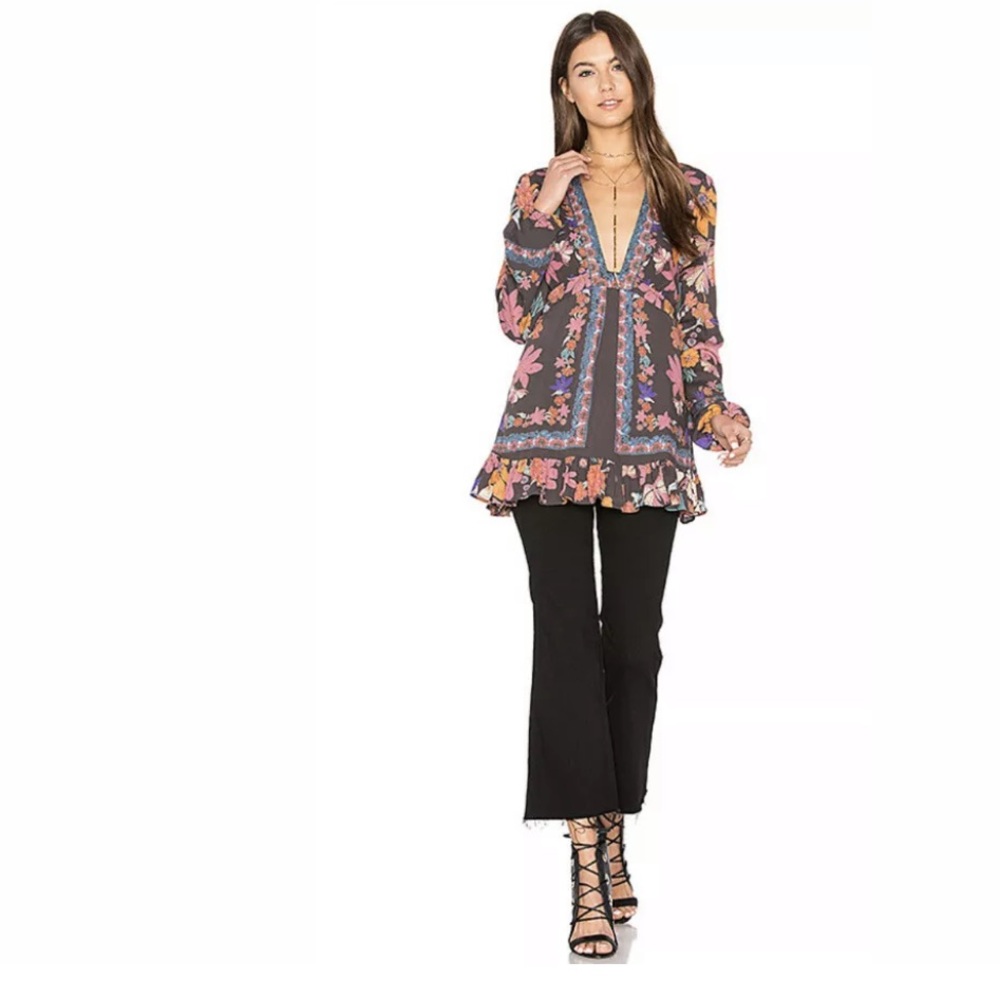 FREE PEOPLE Violet Hill Floral Printed Tunic Top Shirt VNeck pink purple Anthro - Picture 3 of 15